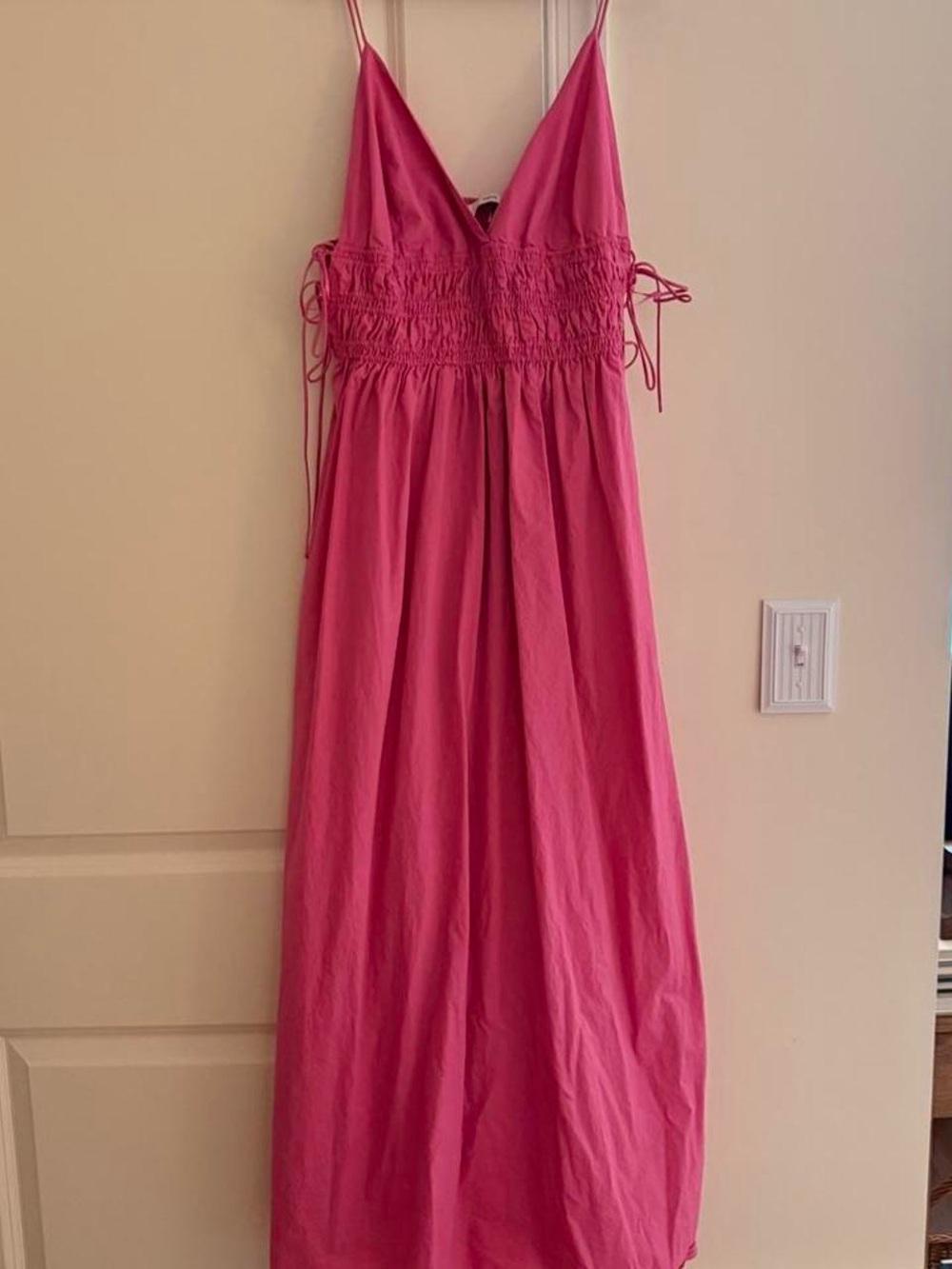 Mango Fuchsia Smocked V-Neck Maxi Dress